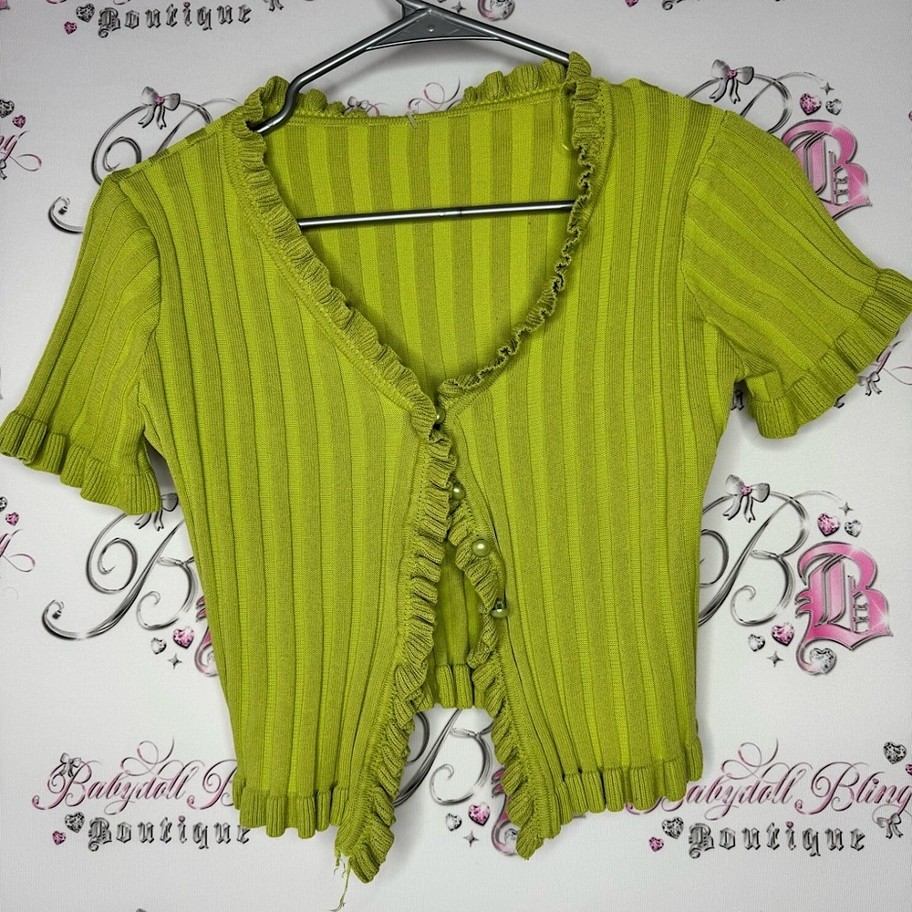 Cardigan tshirt style button up ribbed green ruffle frilly feminine top cute